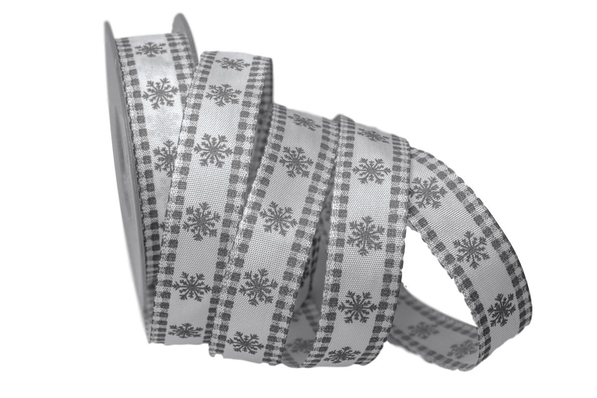 Weihnachtsband Eiskristall weiß / grau 25mm mit Draht