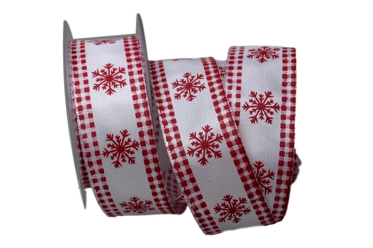 Weihnachtsband Eiskristall weiß / rot 40mm mit Draht