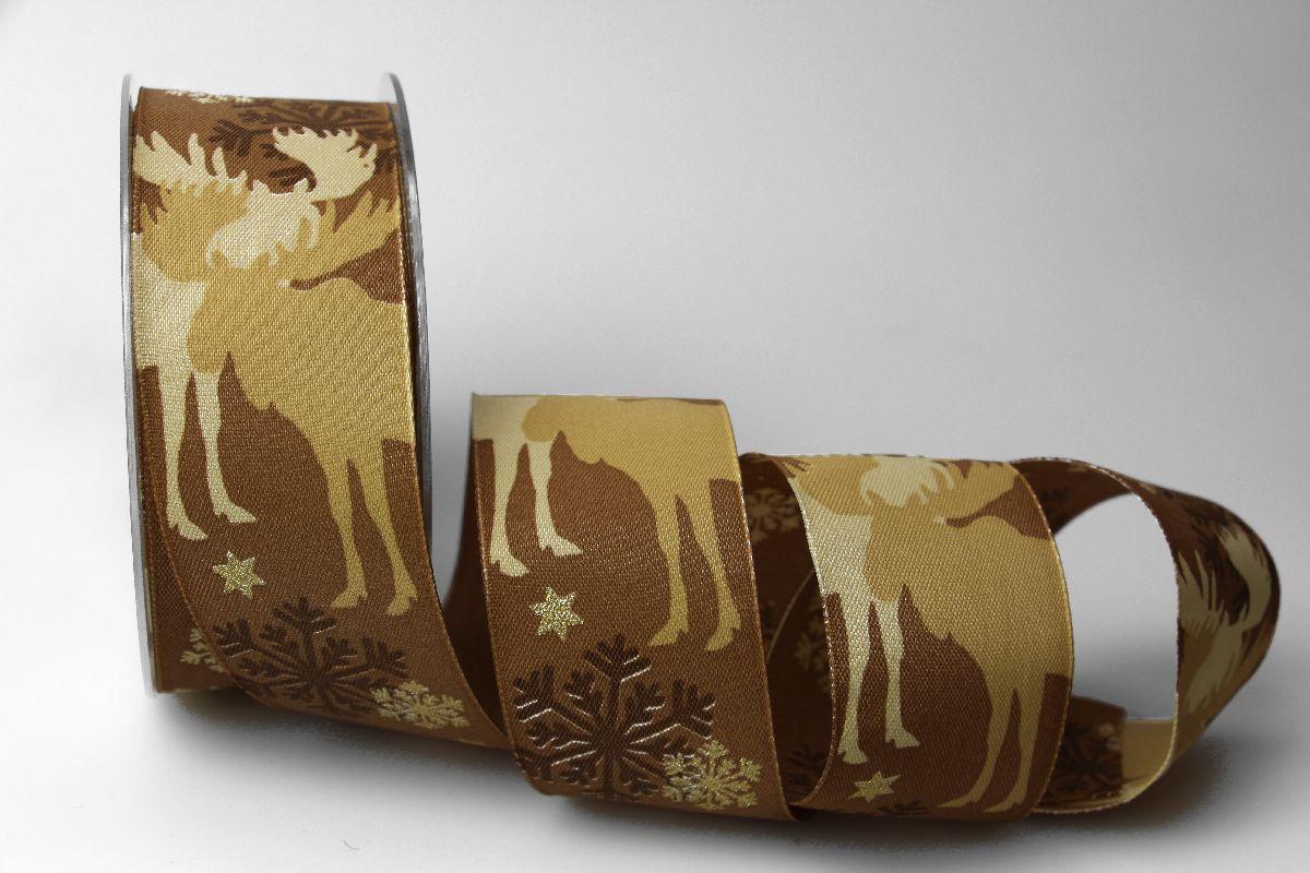 Weihnachtsband Elche braun 40mm mit Draht