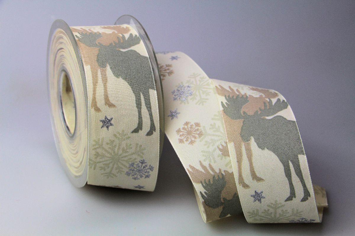 Weihnachtsband Elche creme 40mm mit Draht