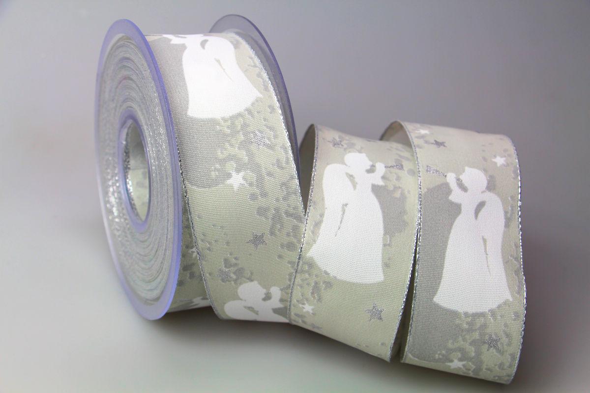 Weihnachtsband Engel silbergrau 40mm mit Draht