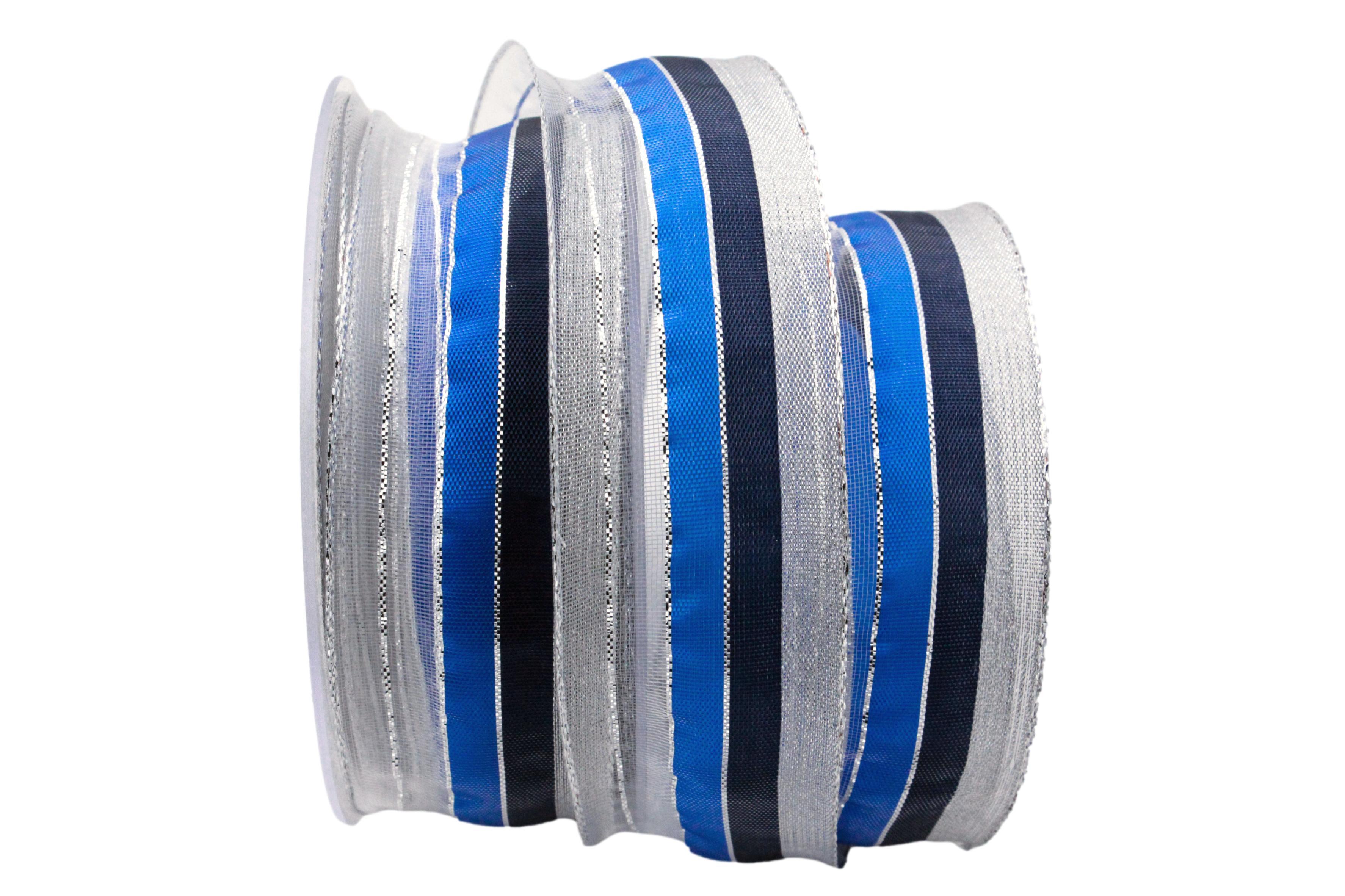 Weihnachtsband Fein-gestreift Blau/Silber mit Draht 40mm