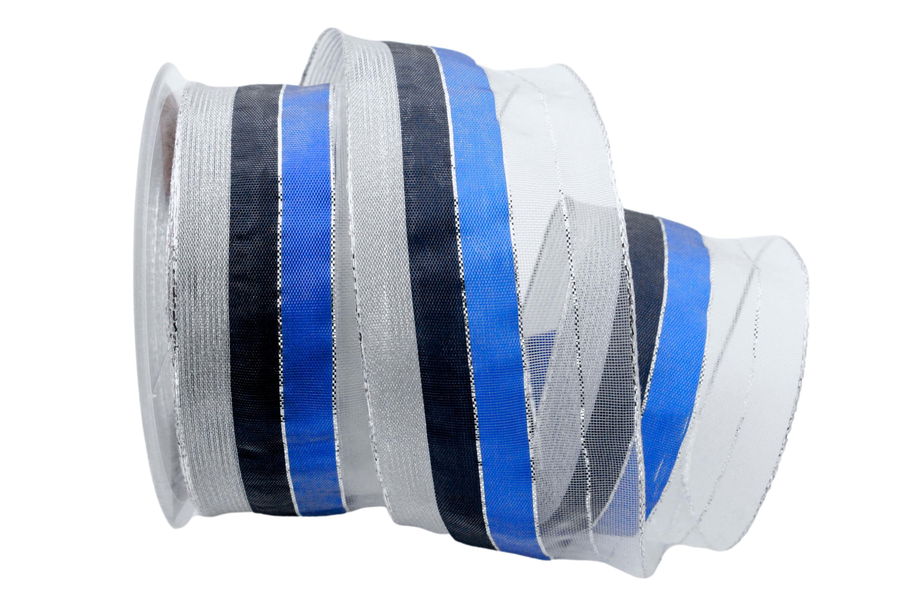 Weihnachtsband Fein-gestreift Blau/Silber mit Draht 65mm