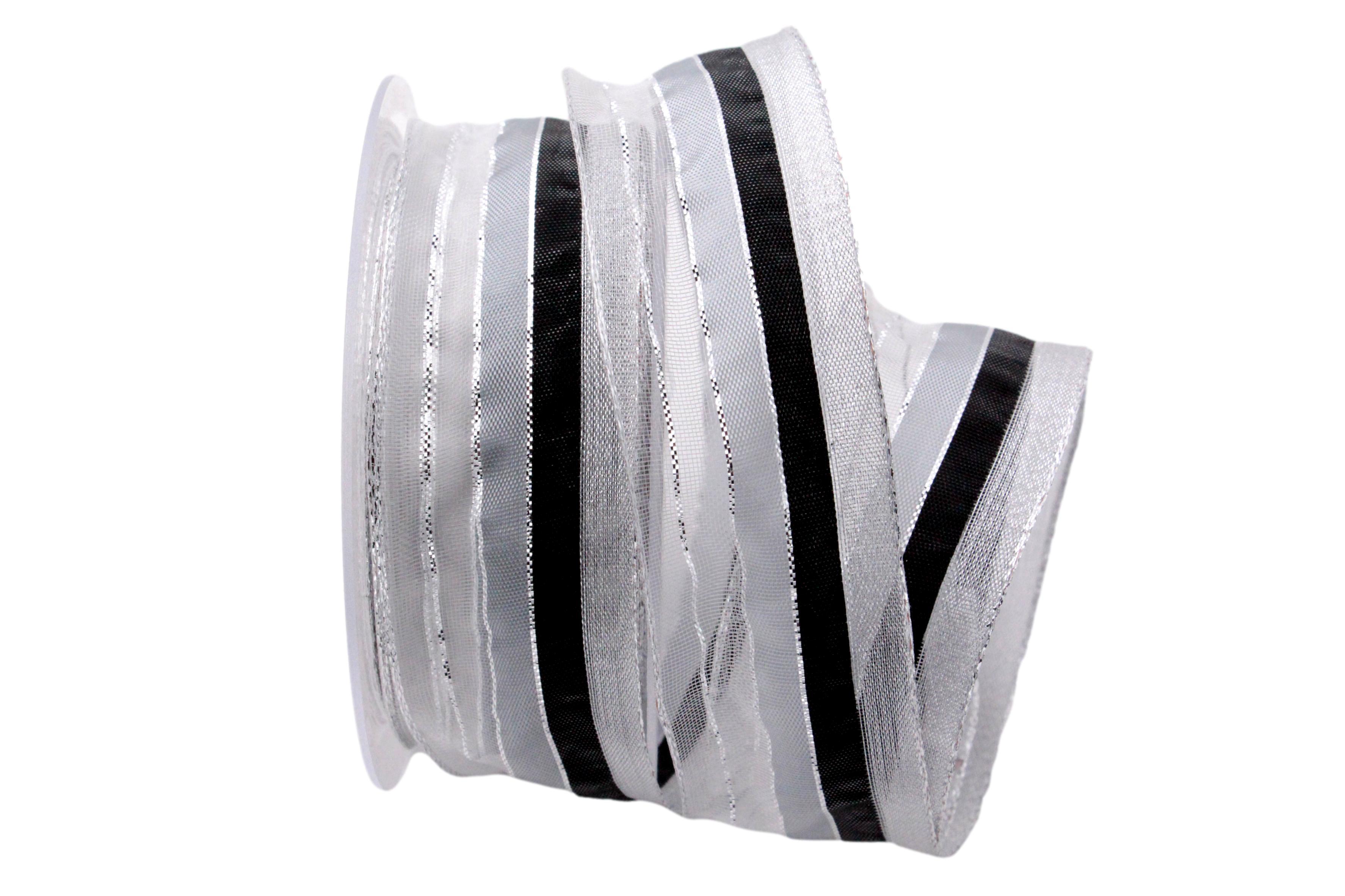 Weihnachtsband Fein-gestreift Schwarz/Silber mit Draht 40mm