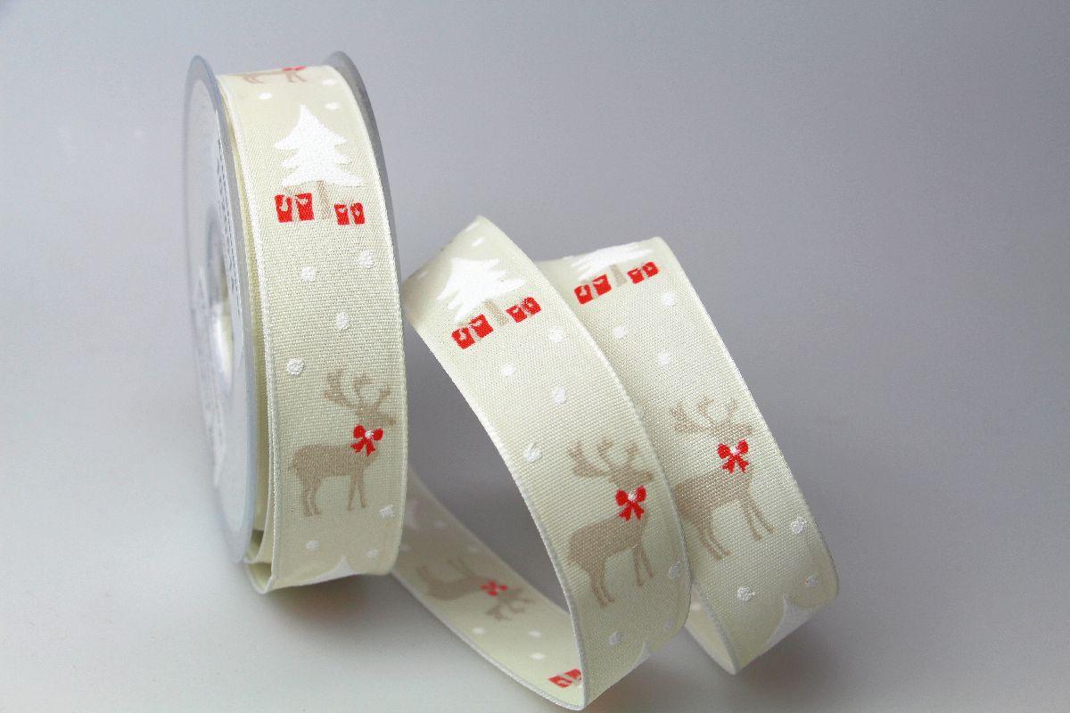 Weihnachtsband Forest 25mm creme mit Draht