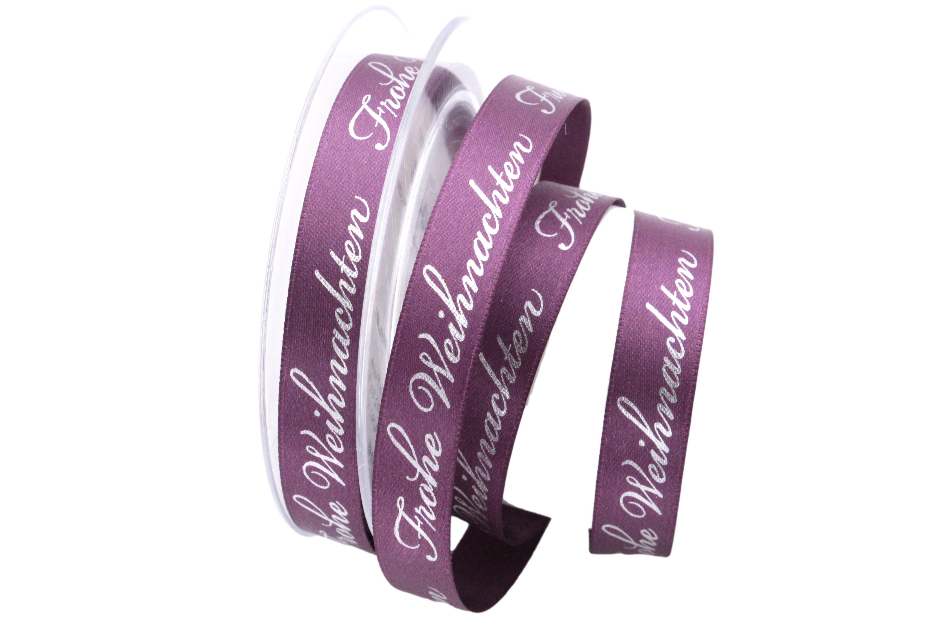 Weihnachtsband Frohe Weihnachten lila 15mm ohne Draht