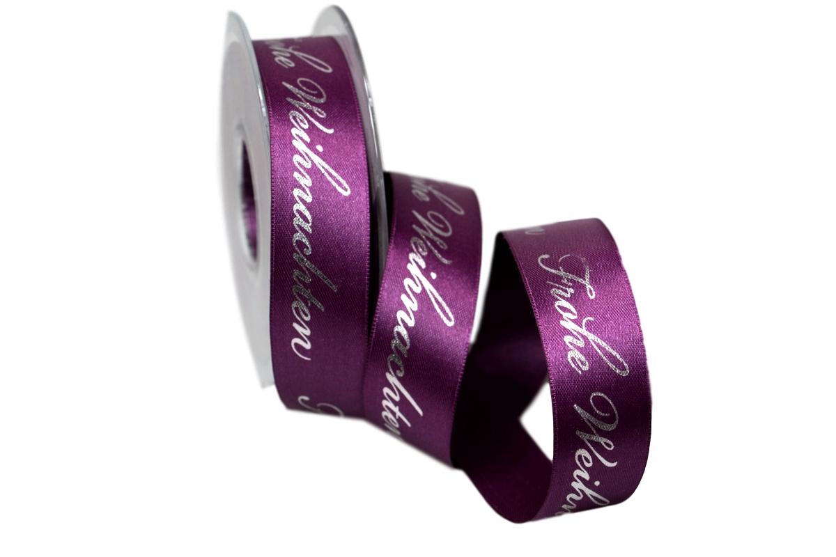 Weihnachtsband Frohe Weihnachten lila 25mm ohne Draht