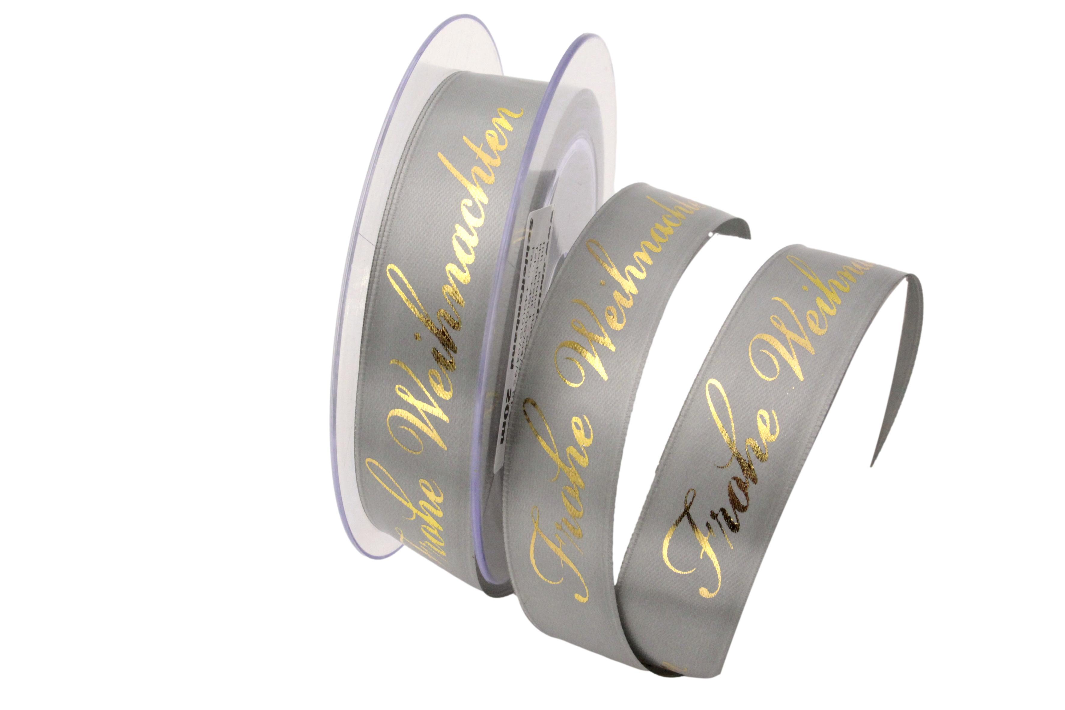 Weihnachtsband Frohe Weihnachten Silbergrau 25 mm ohne Draht