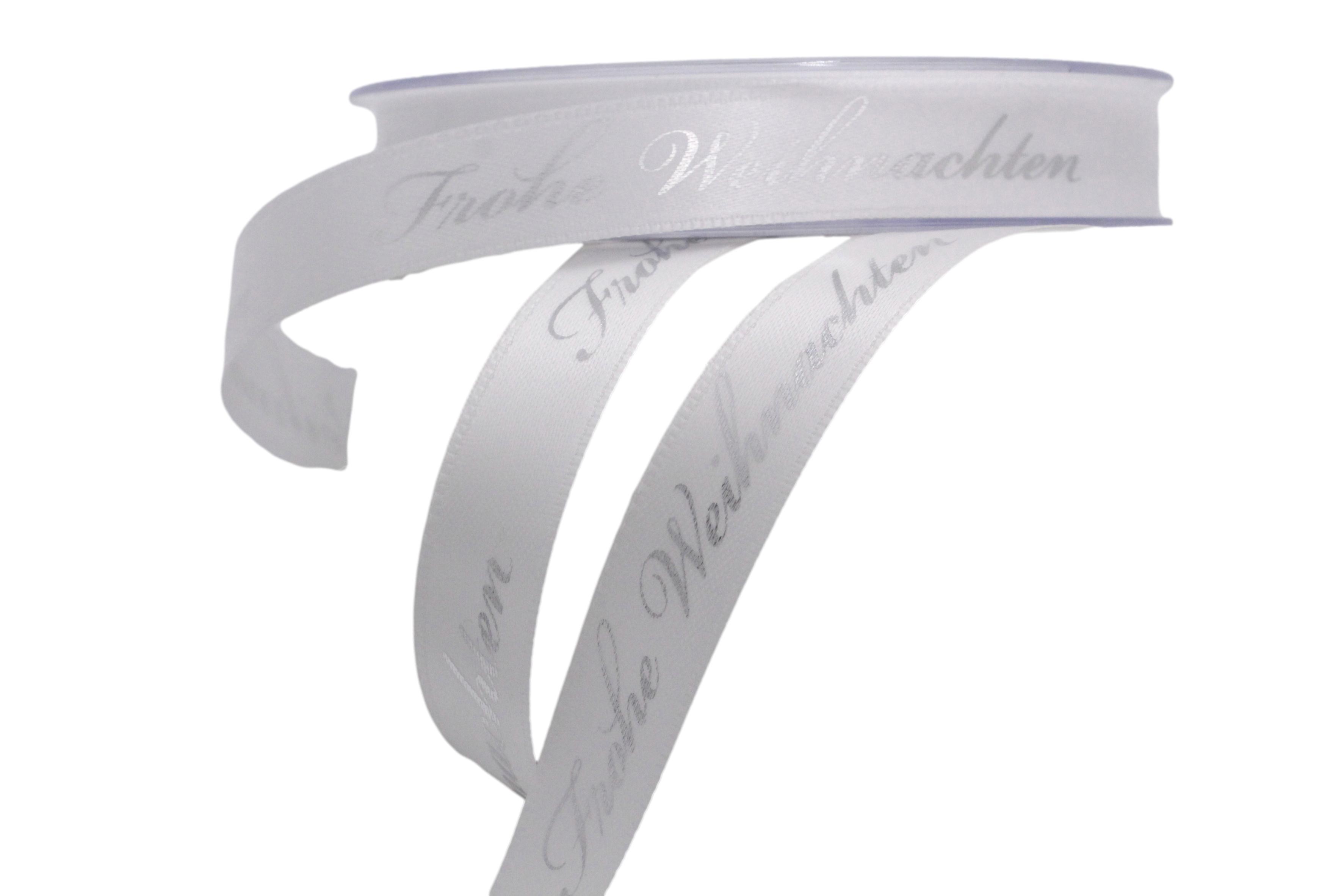 Weihnachtsband Frohe Weihnachten Weiss 15 mm ohne Draht