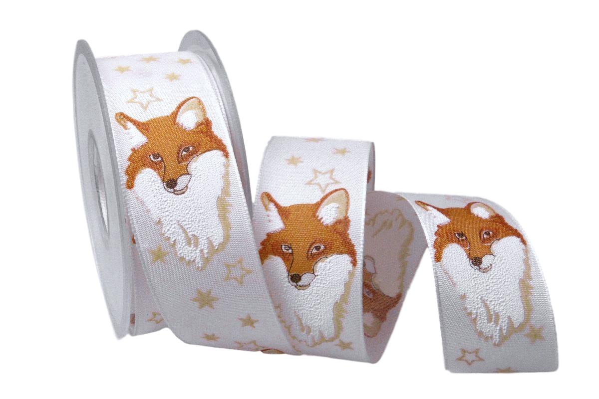 Weihnachtsband Fuchs weiß mit Draht 40mm