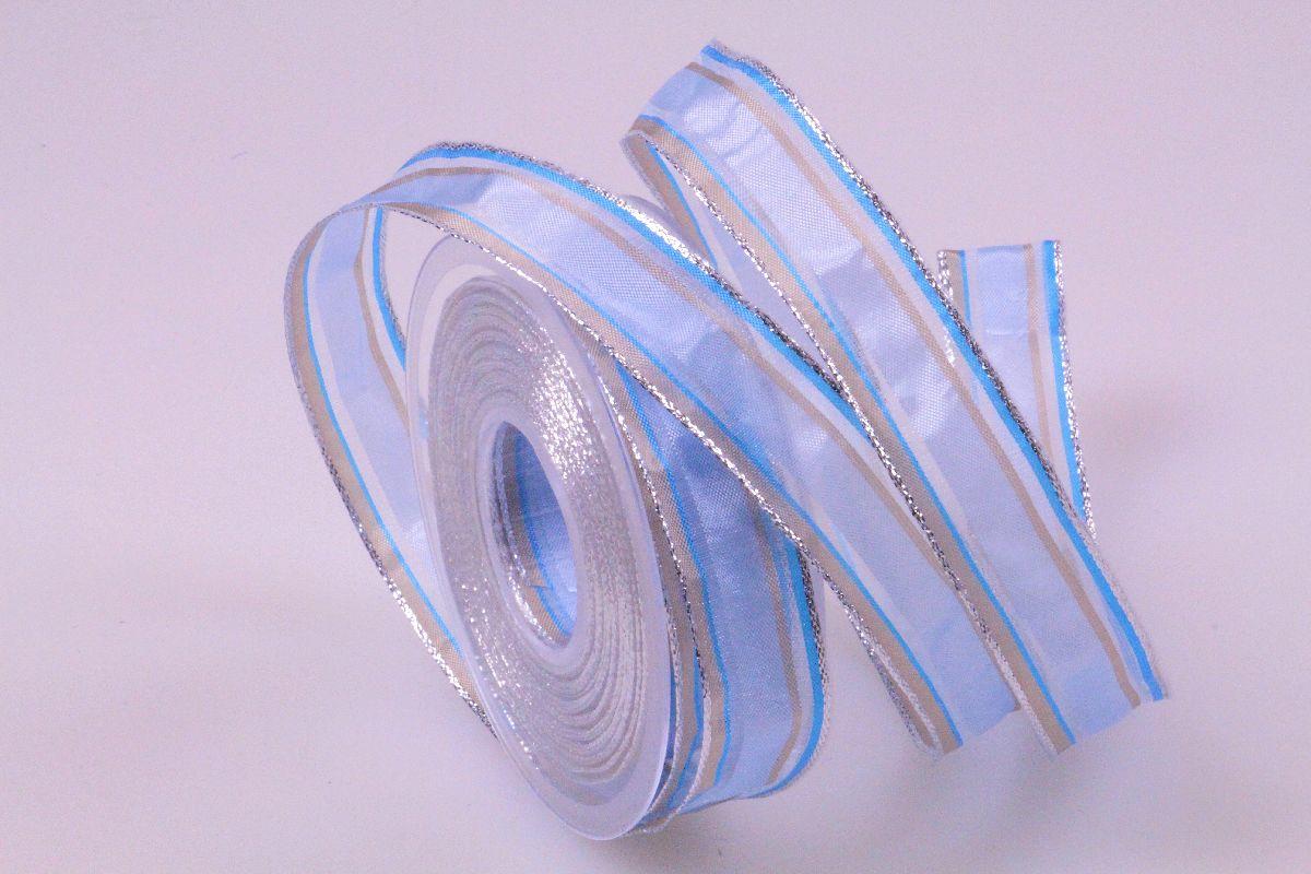 Weihnachtsband Gestreift hellblau 25mm mit Draht