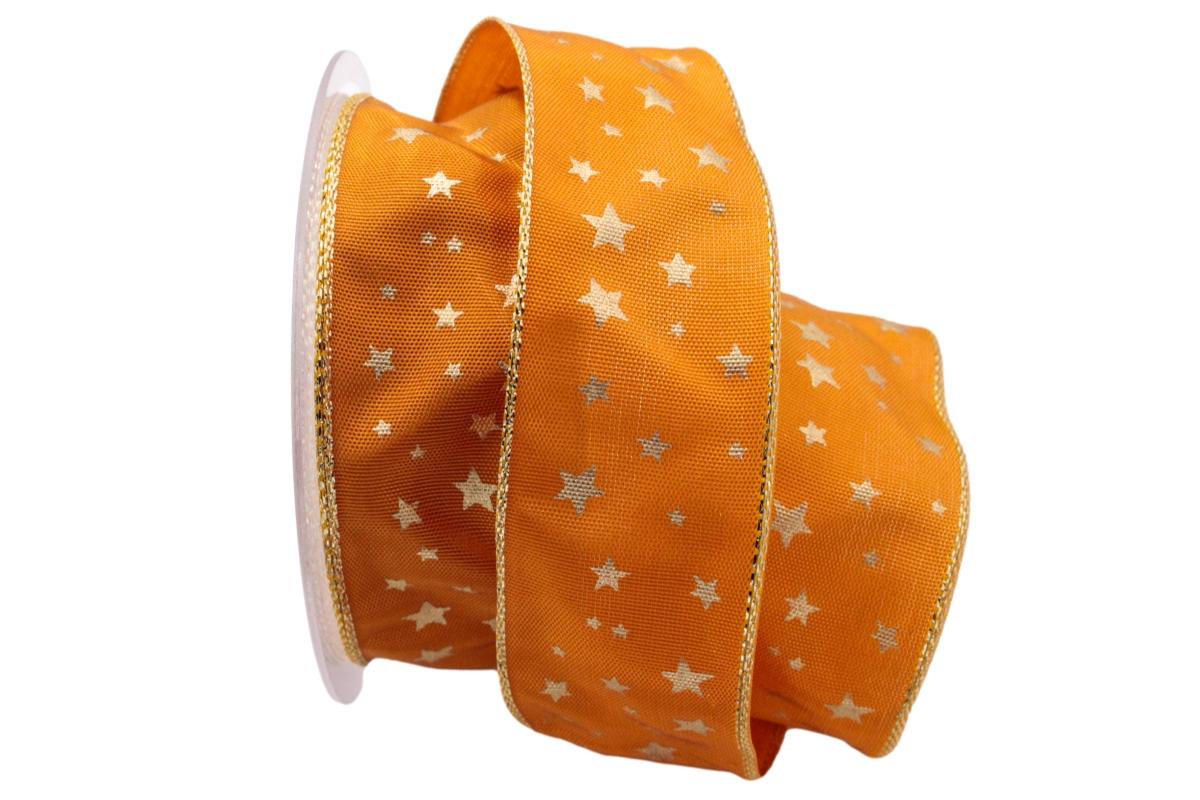Weihnachtsband Gold-Sterne 40mm orange mit Draht