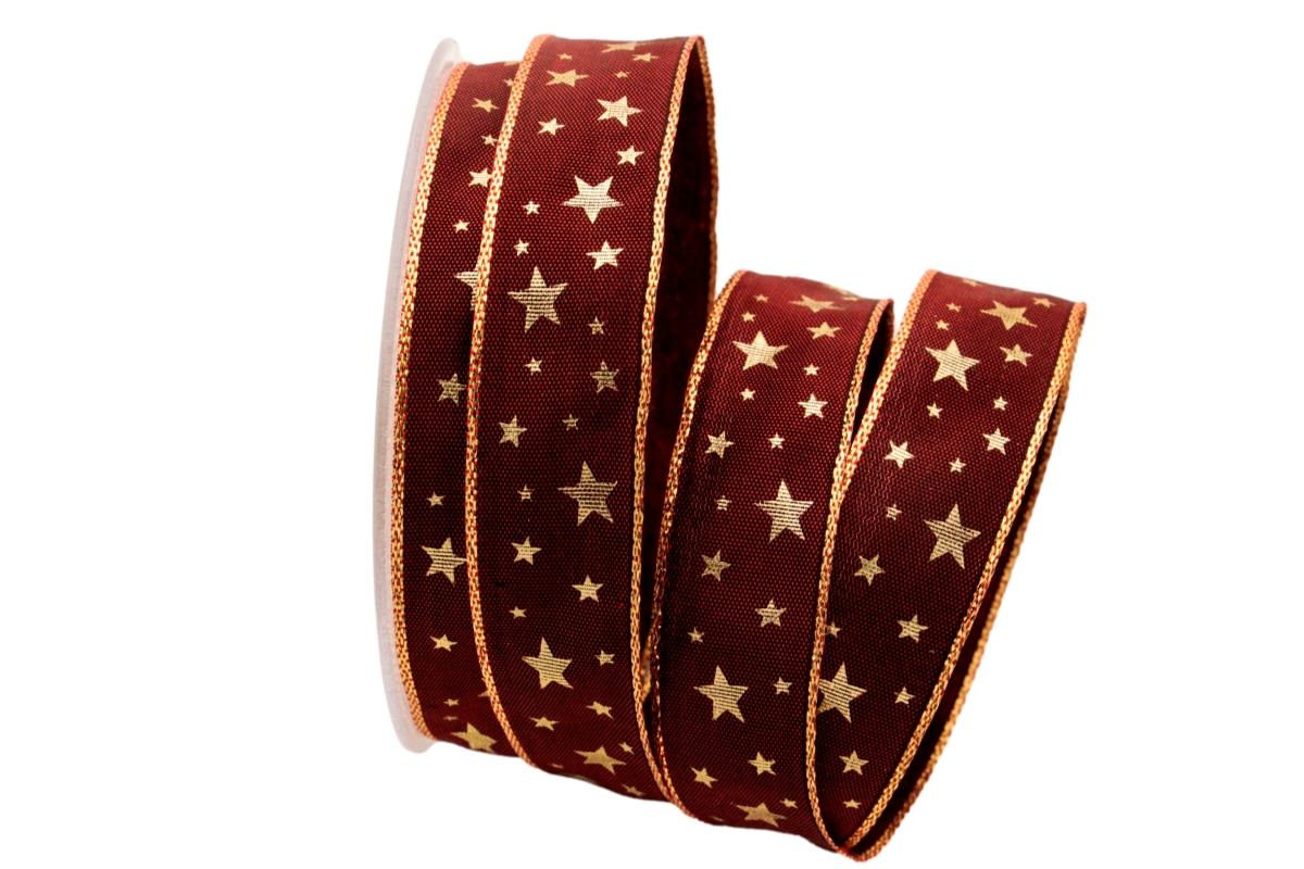 Weihnachtsband Gold-Sterne Bordeaux mit Draht 25mm