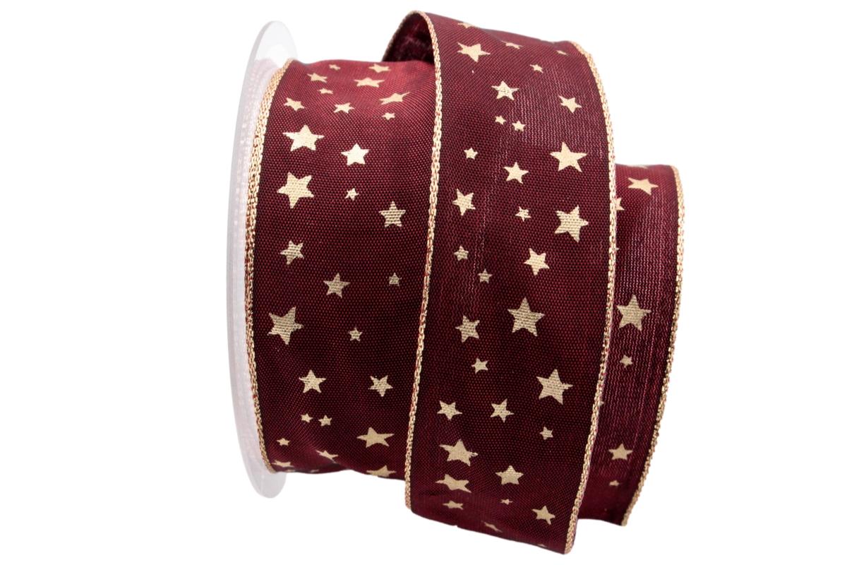 Weihnachtsband Gold-Sterne Bordeaux mit Draht 40mm