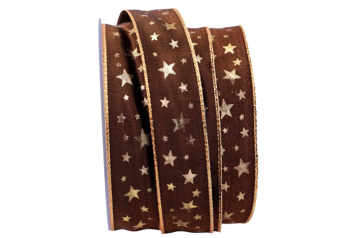 Weihnachtsband Gold-Sterne Braun mit Draht 25mm