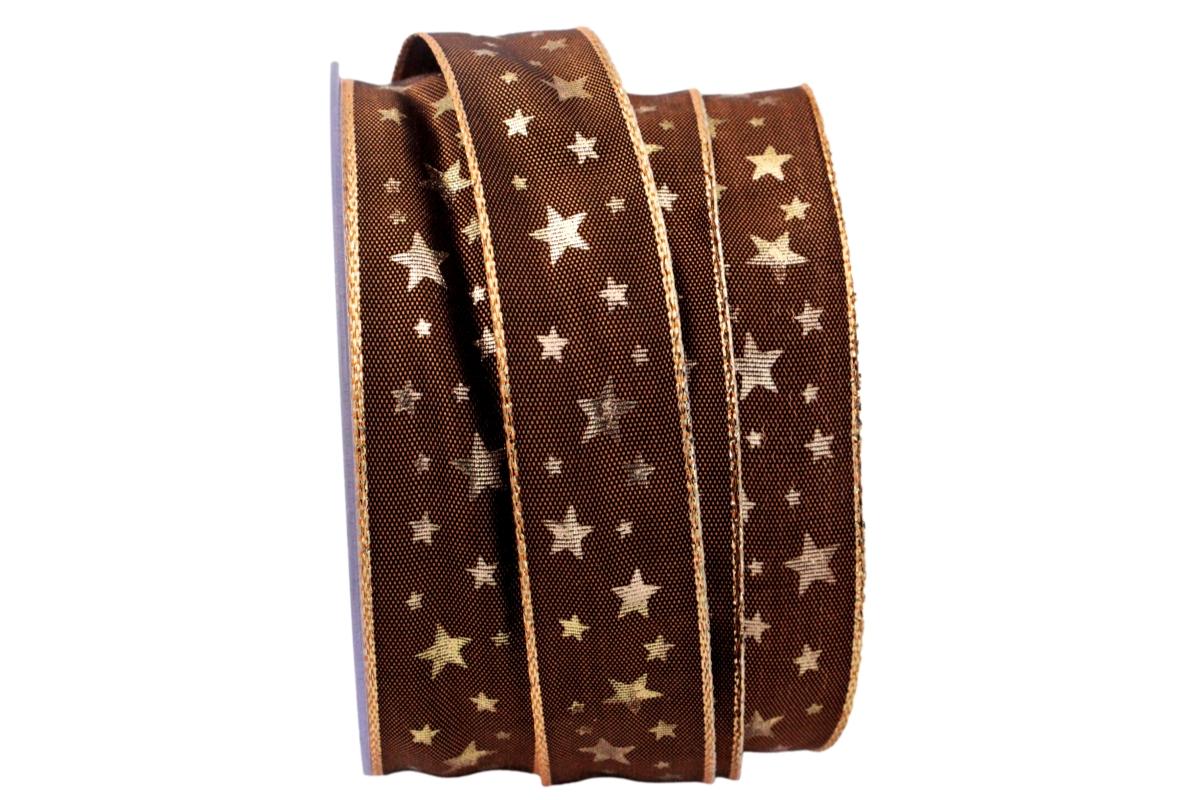 Weihnachtsband Gold-Sterne Braun mit Draht 25mm