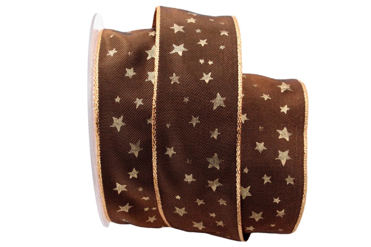 Weihnachtsband Gold-Sterne Braun mit Draht 40mm