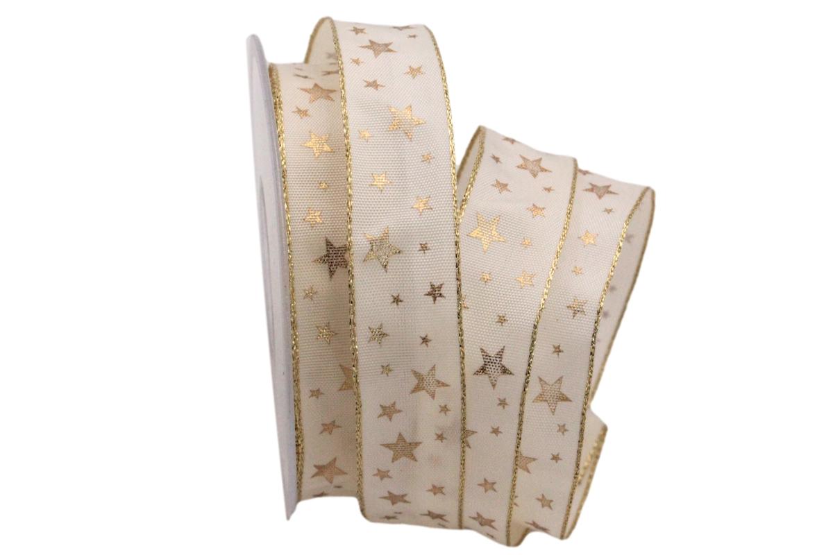 Weihnachtsband Gold-Sterne Creme mit Draht 25mm