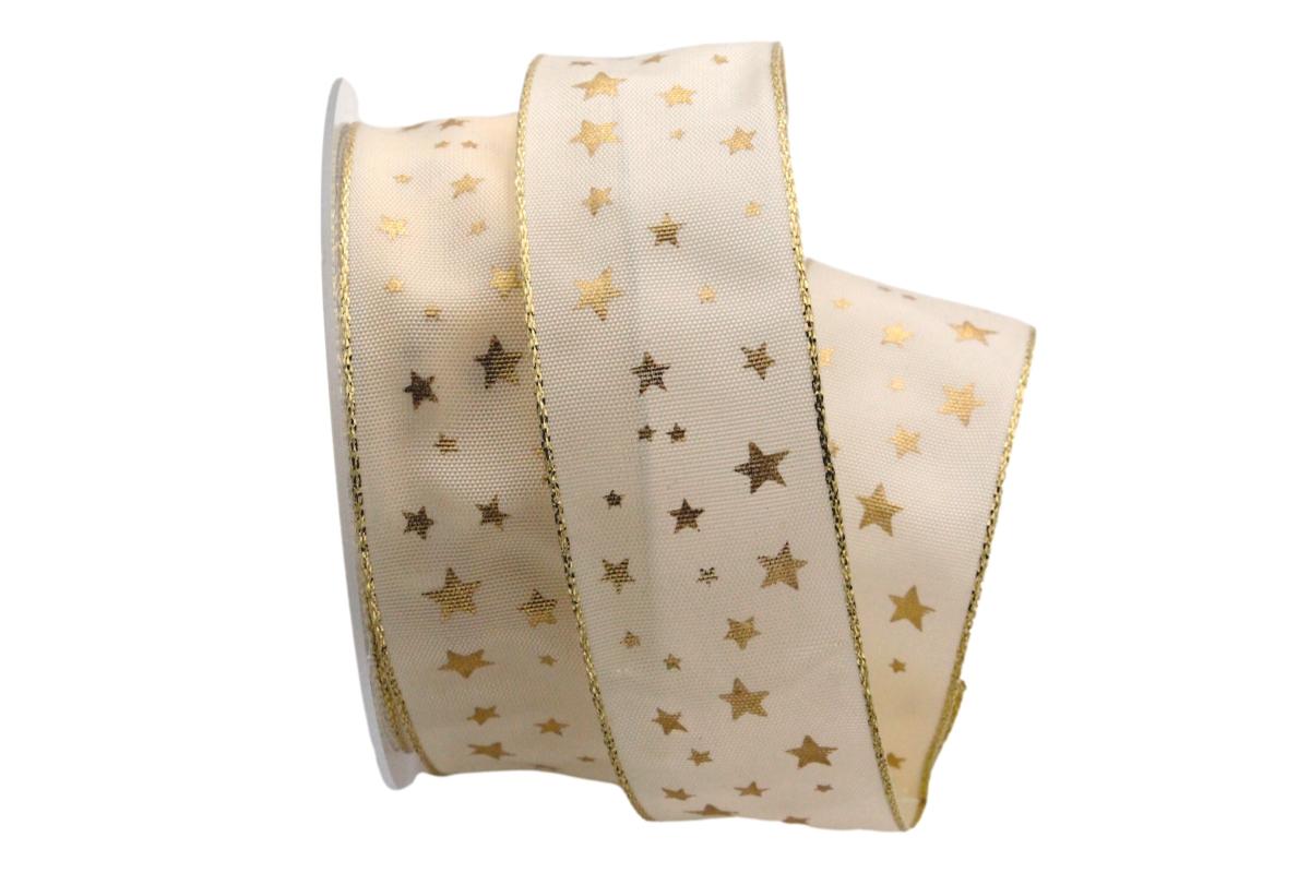 Weihnachtsband Gold-Sterne Creme mit Draht 40mm