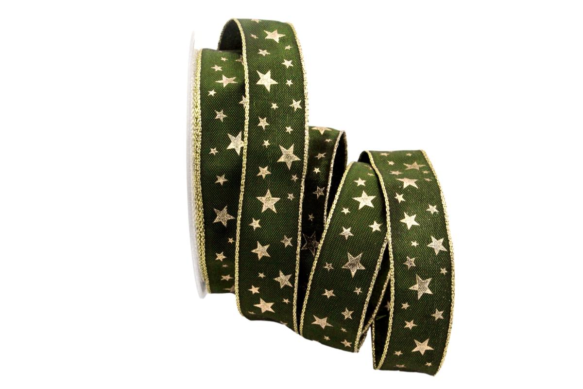 Weihnachtsband Gold-Sterne Grün mit Draht 25mm