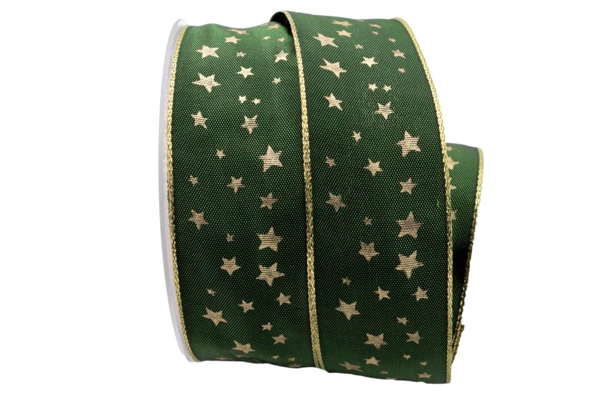 Weihnachtsband Gold-Sterne Grün mit Draht 40mm