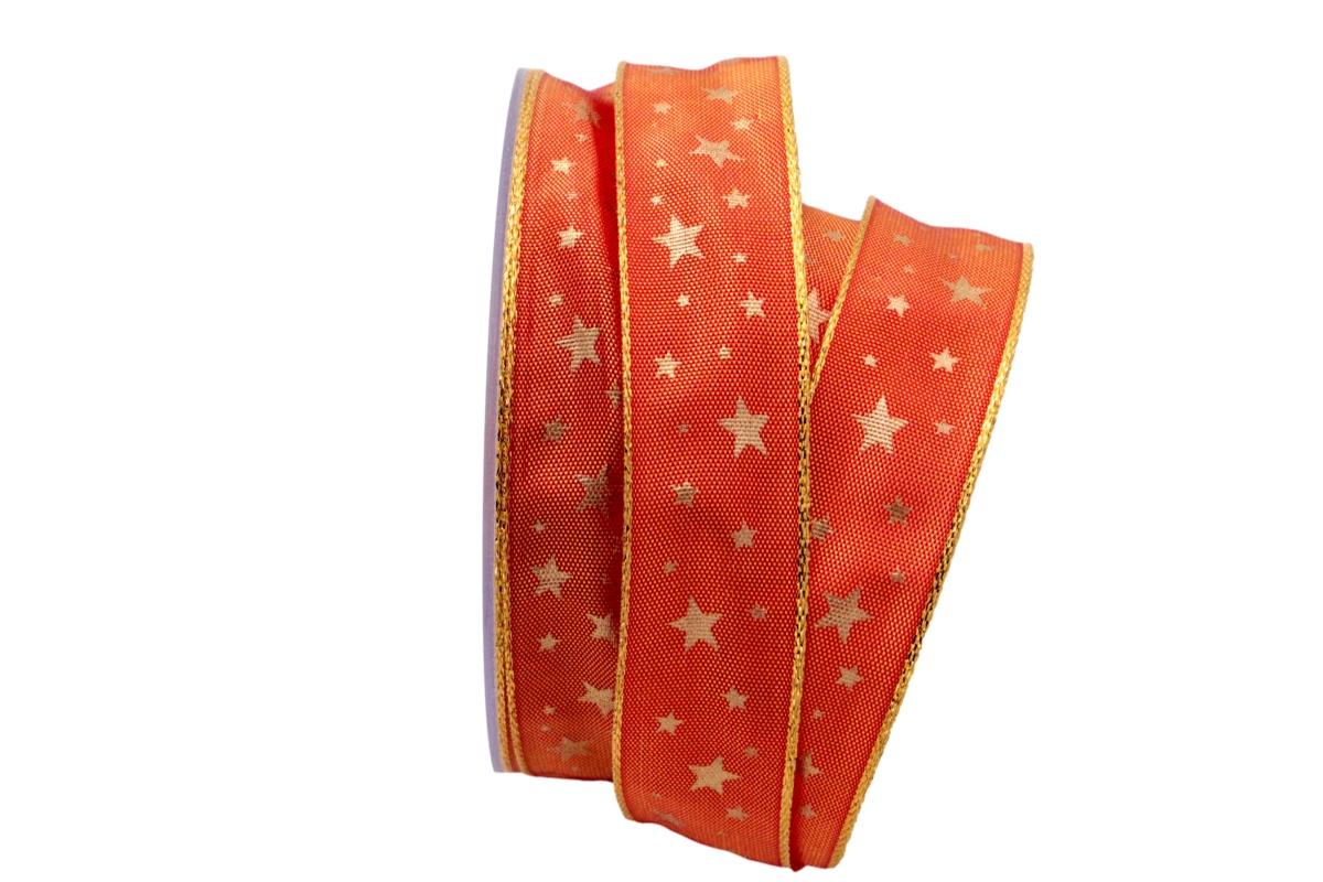 Weihnachtsband Gold-Sterne Orange mit Draht 25mm