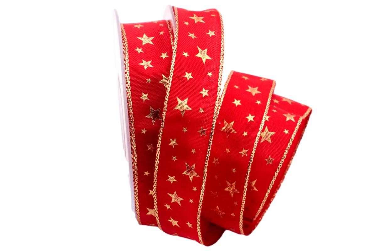 Weihnachtsband Gold-Sterne Rot mit Draht 25mm