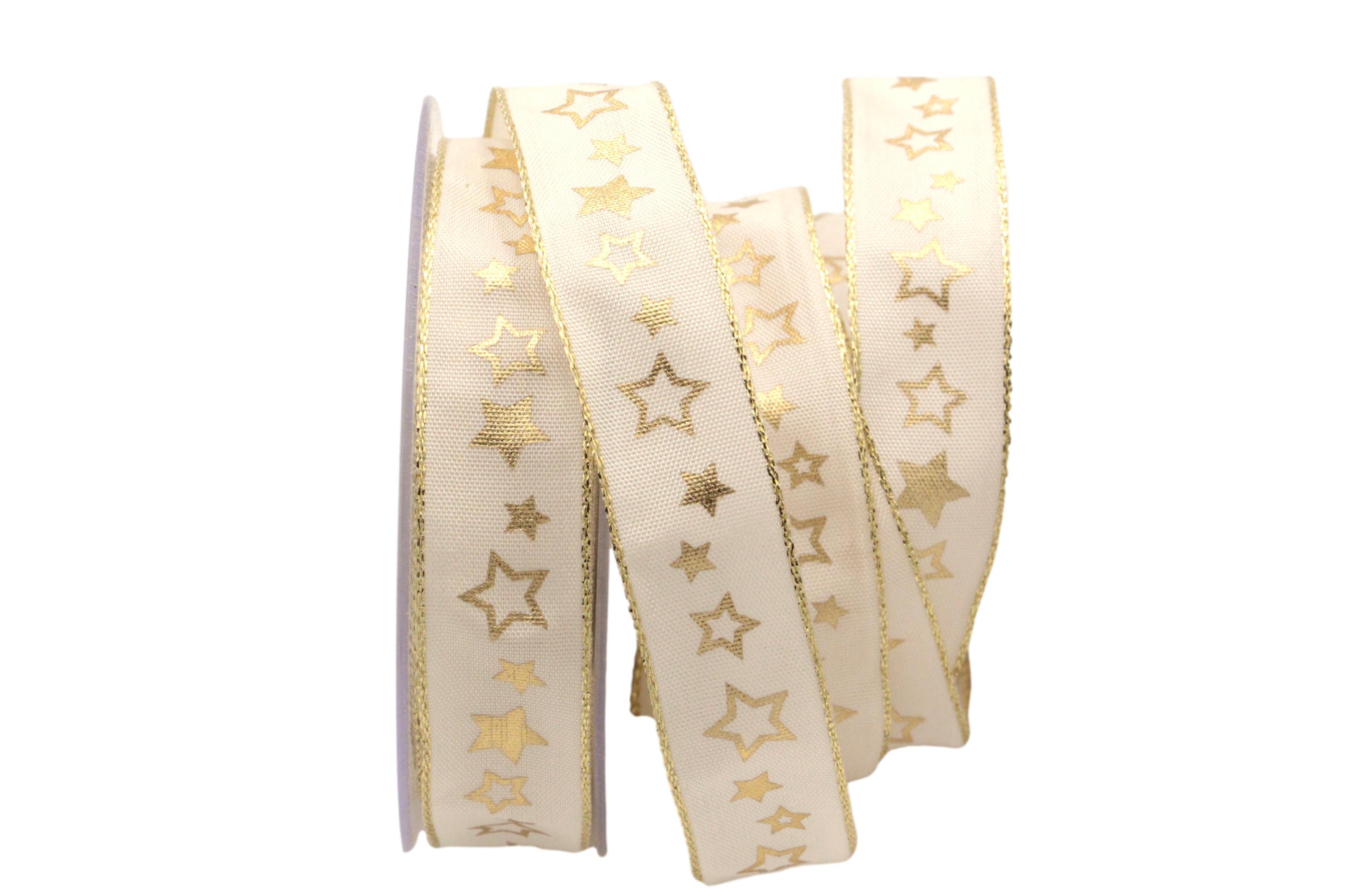 Weihnachtsband Goldsterne creme 25mm mit Draht
