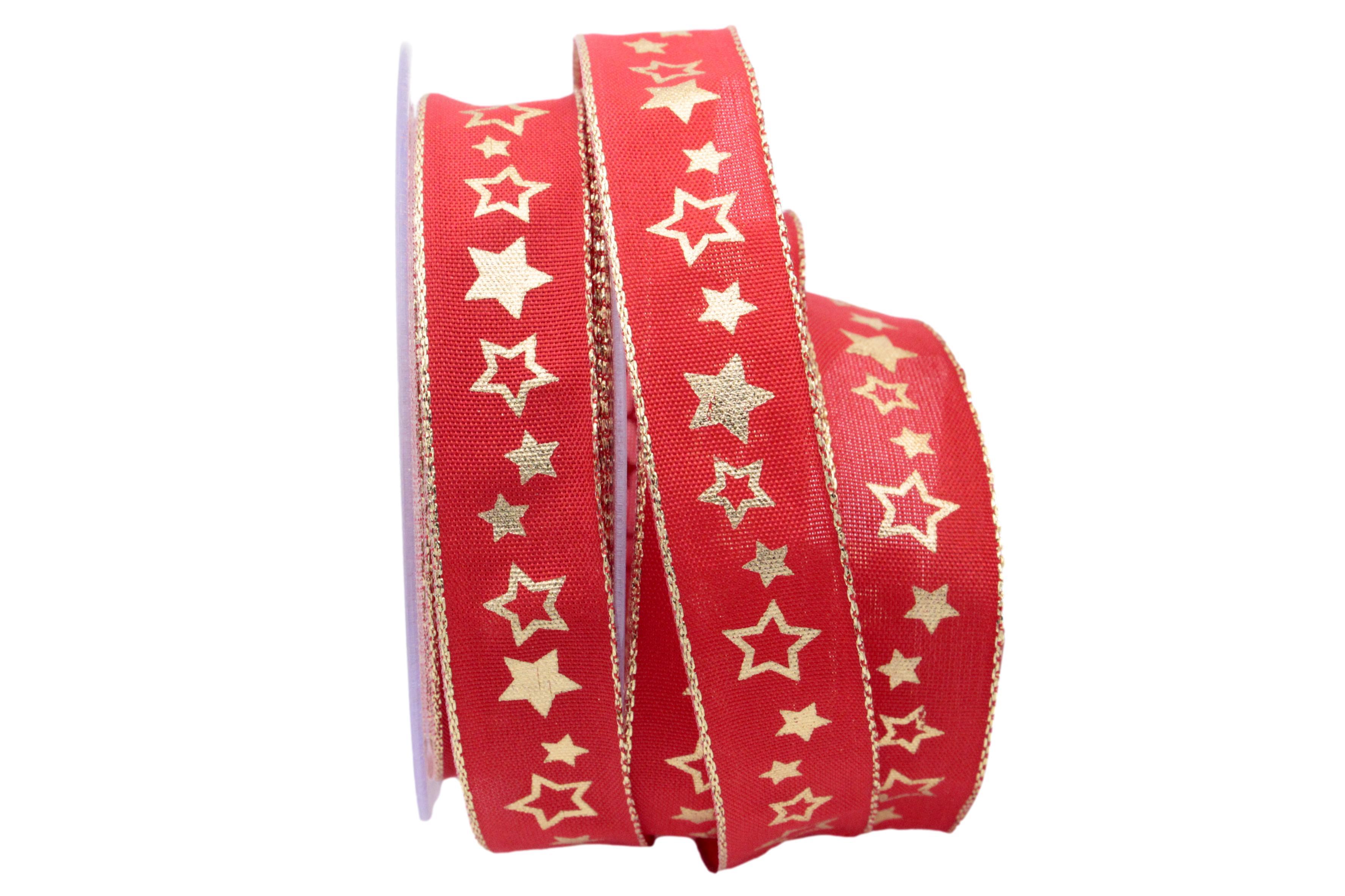 Weihnachtsband Goldsterne rot 25mm mit Draht