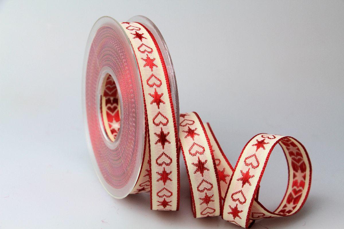 Weihnachtsband Herz & Stern 15mm ohne Draht rot
