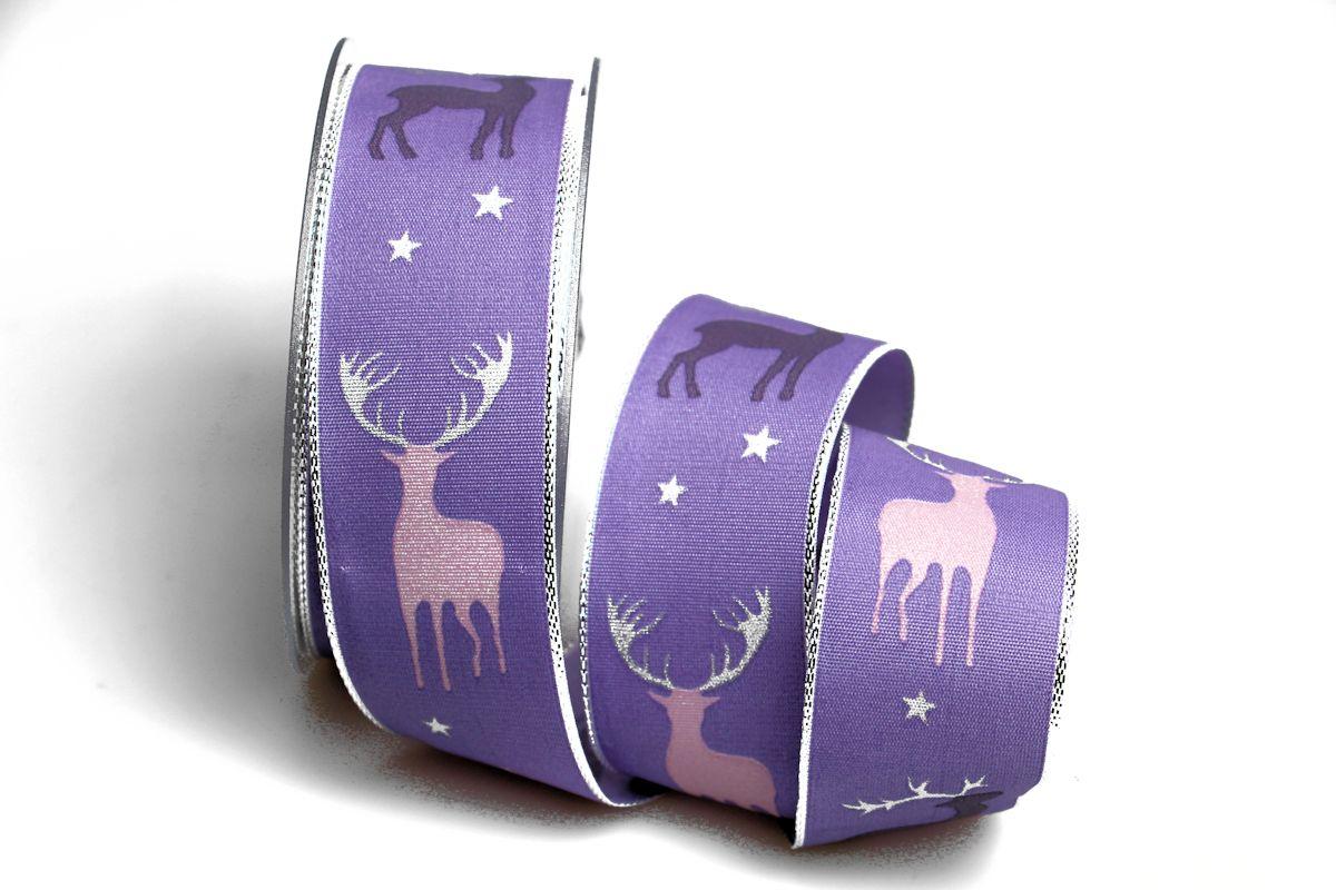 Weihnachtsband Hirsch 40mm flieder mit Draht