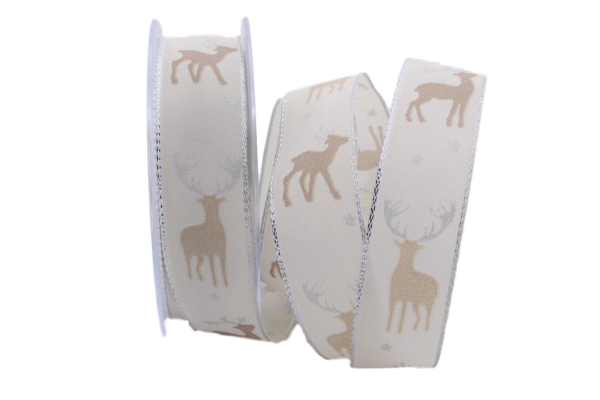 Weihnachtsband Hirsch Creme mit Draht 25mm