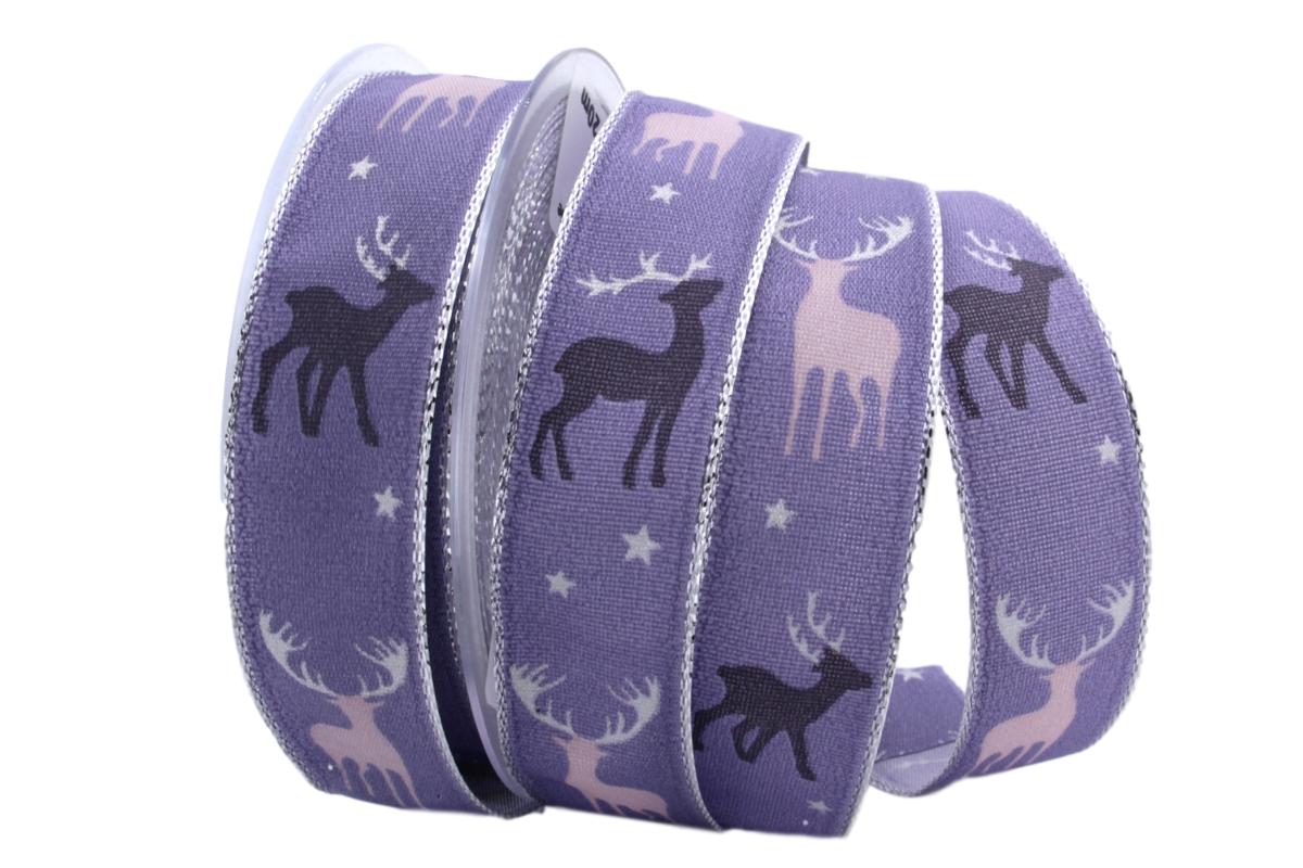 Weihnachtsband Hirsch Flieder mit Draht 25mm