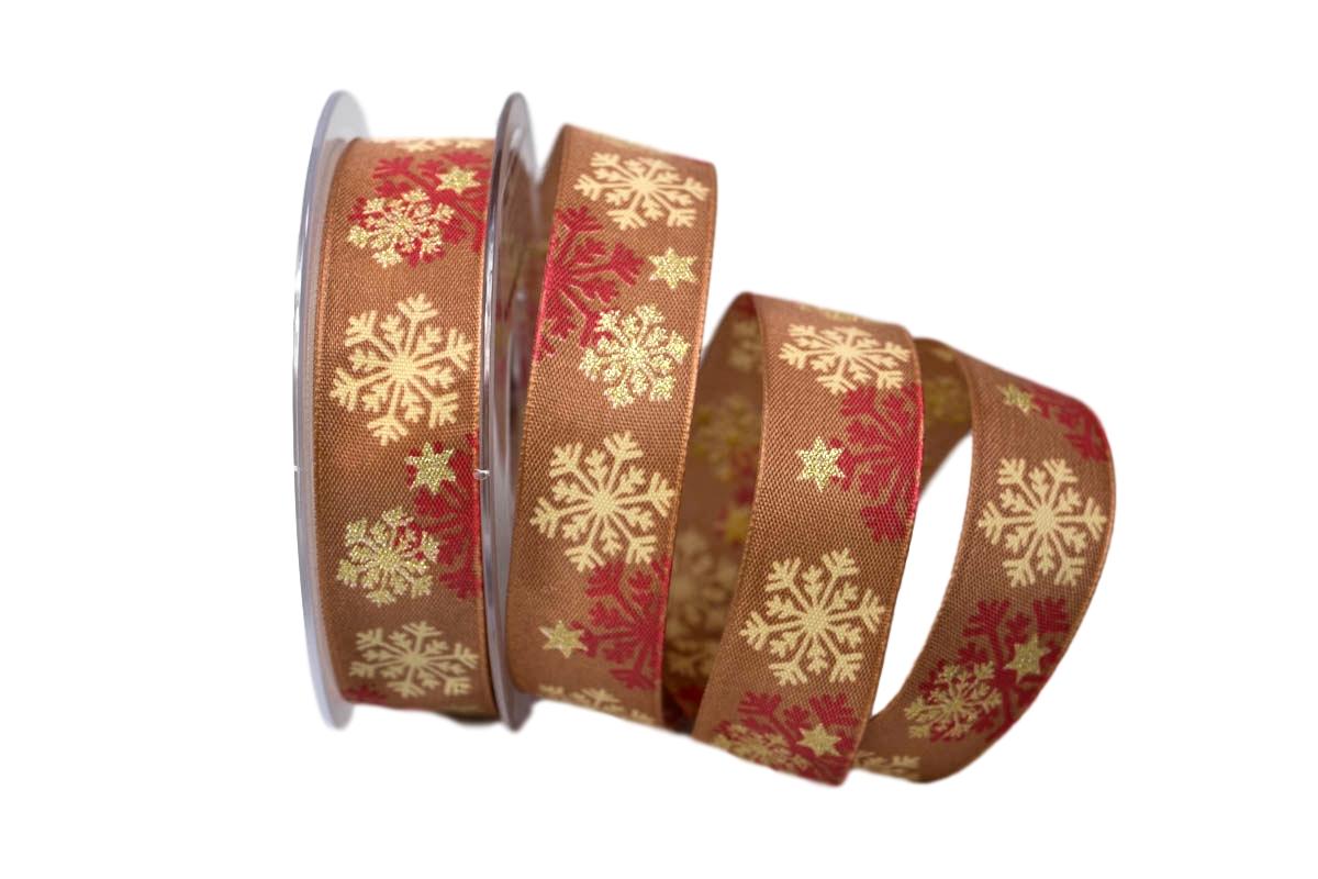 Weihnachtsband Kristall braun 25mm mit Draht