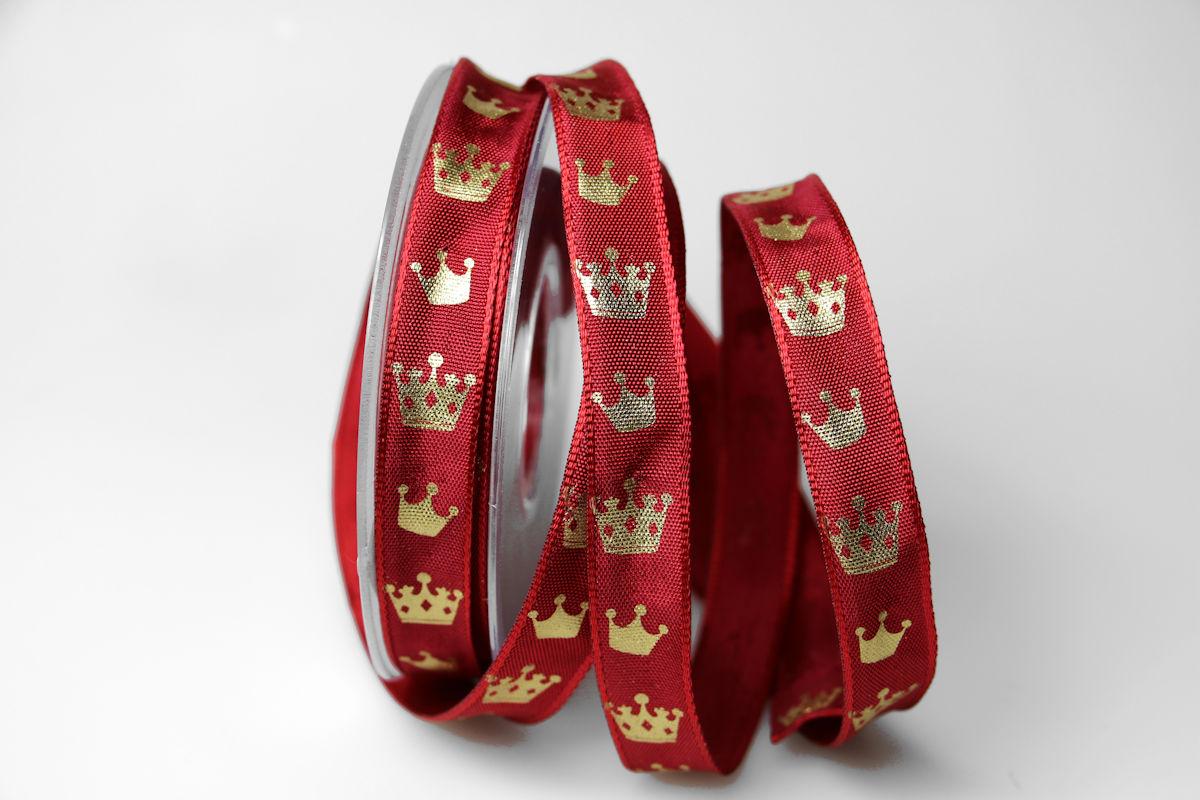 Weihnachtsband Krone 15mm karminrot mit Draht