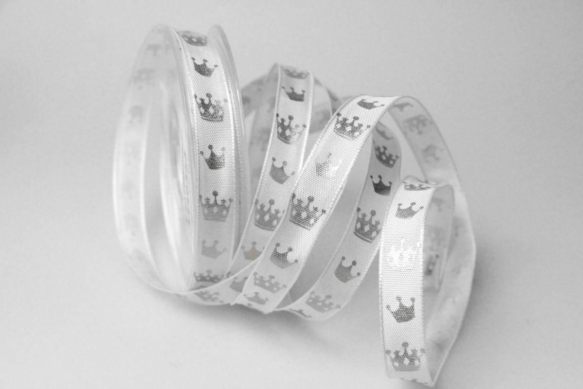 Weihnachtsband Krone 15mm weiß mit Draht