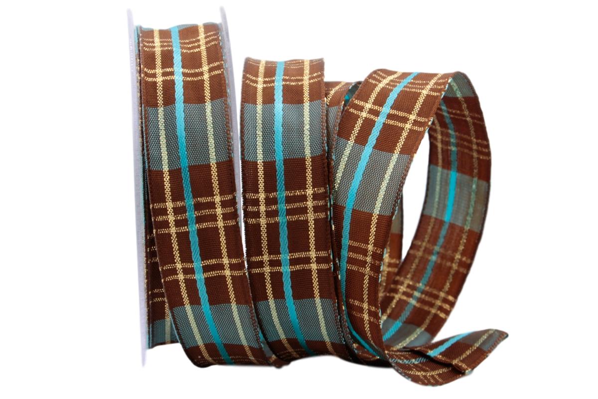 Weihnachtsband Längskaro braun mit Draht 25mm