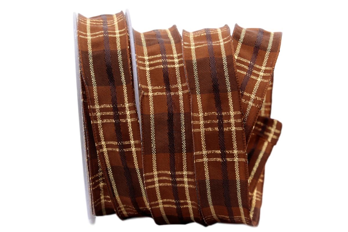 Weihnachtsband Längskaro braun mit Draht 25mm