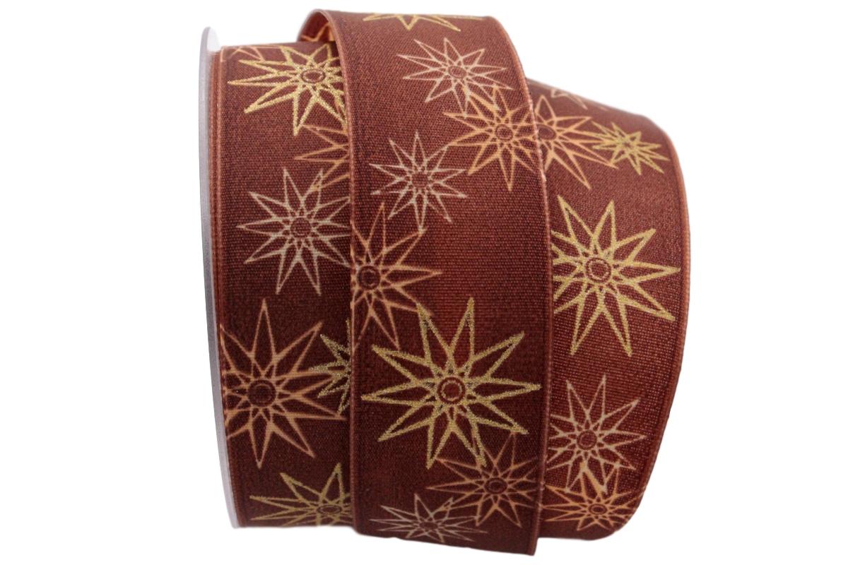 Weihnachtsband moderne Sterne braun 40mm mit Draht