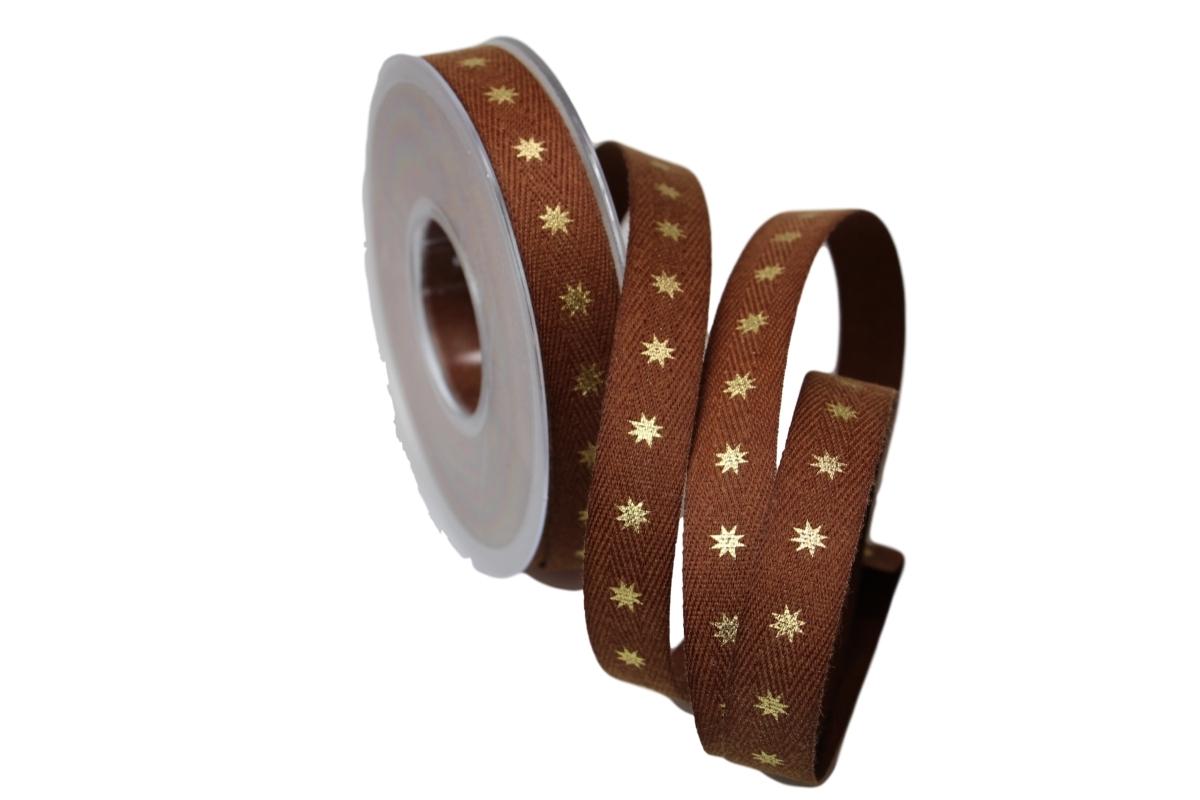 Weihnachtsband Natural Stars braun 15mm ohne Draht