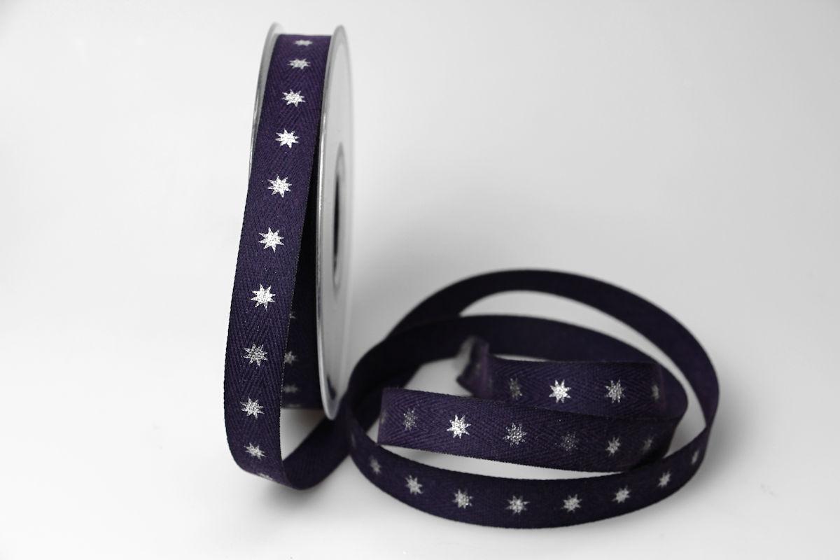 Weihnachtsband Natural Stars lila 15mm ohne Draht