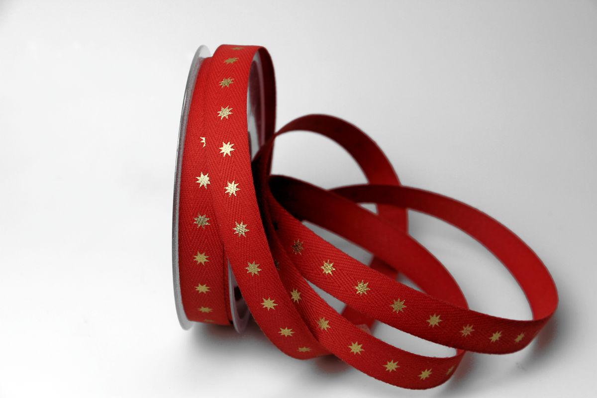 Weihnachtsband Natural Stars rot 15mm ohne Draht