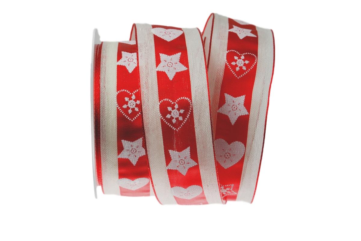 Weihnachtsband Norwegischer Winter rot mit Draht 40mm