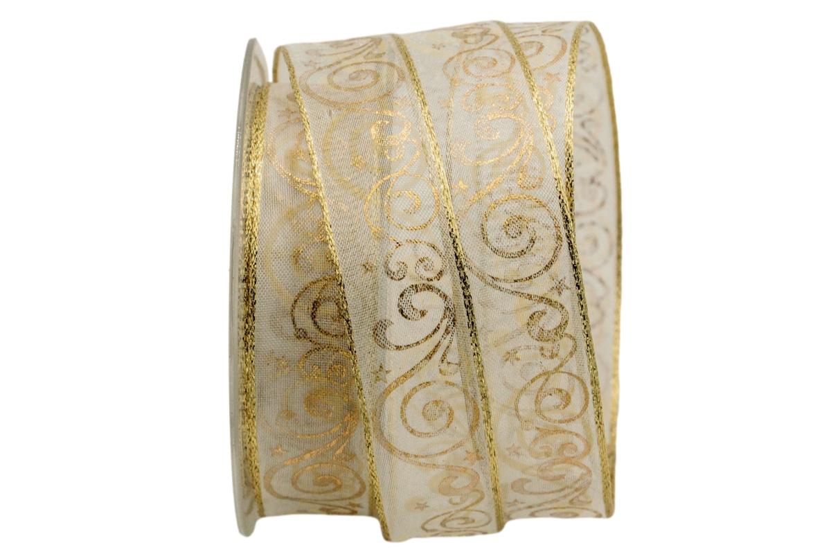 Weihnachtsband Nostalgie Creme/Gold mit Draht 25mm