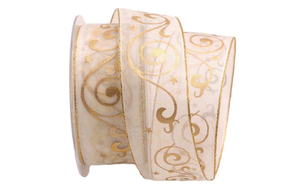 Weihnachtsband Nostalgie Creme - Gold mit Draht 40mm