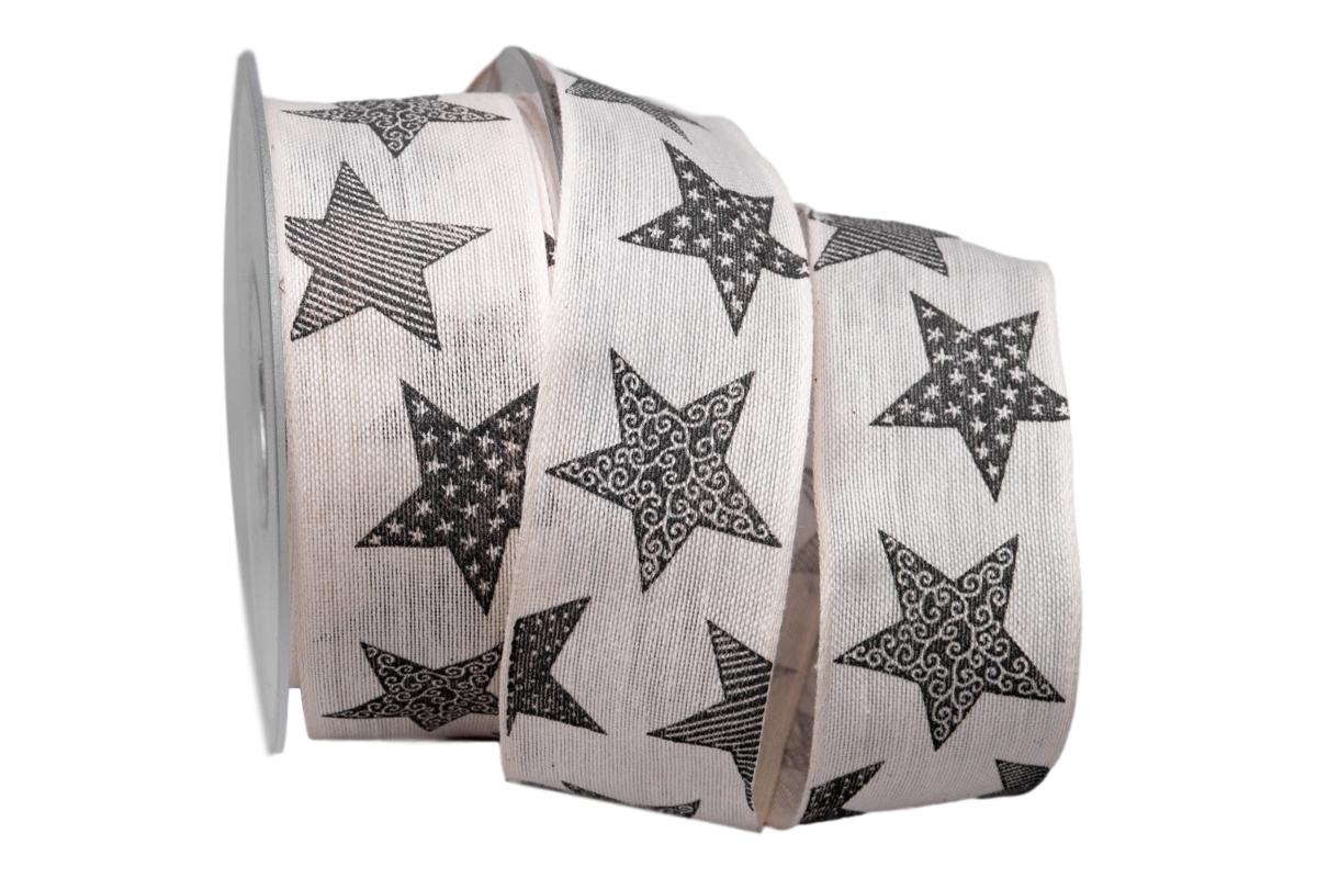 Weihnachtsband Nostalgiesterne creme / grau 40mm mit Draht