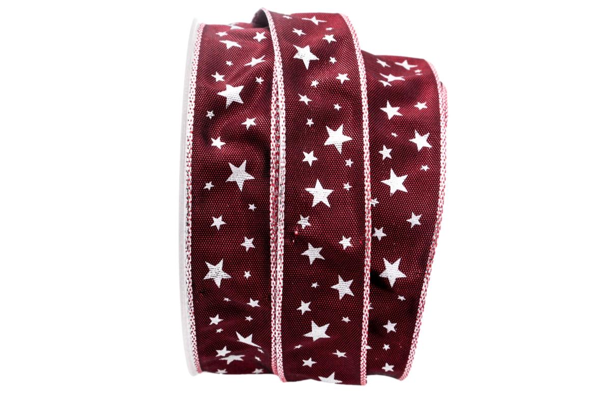 Weihnachtsband Silber-Sterne Bordeaux mit Draht 25mm