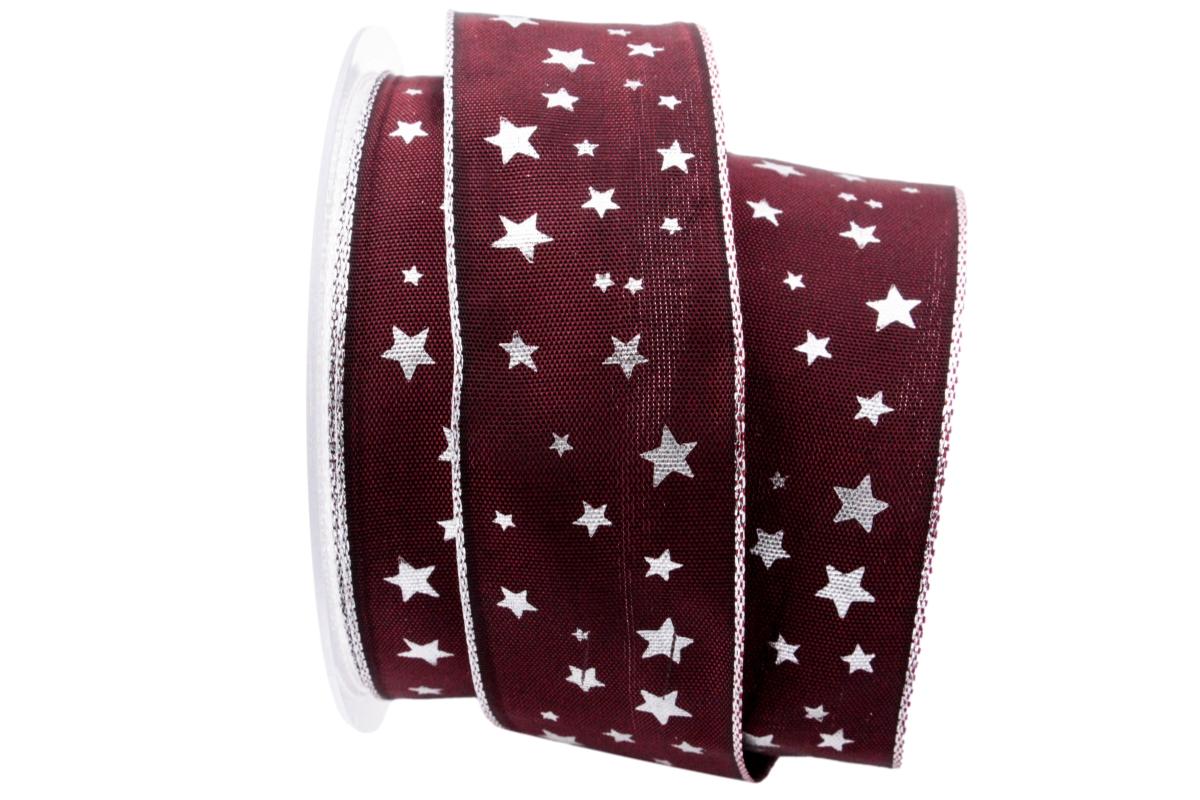 Weihnachtsband Silber-Sterne Bordeaux mit Draht 40mm