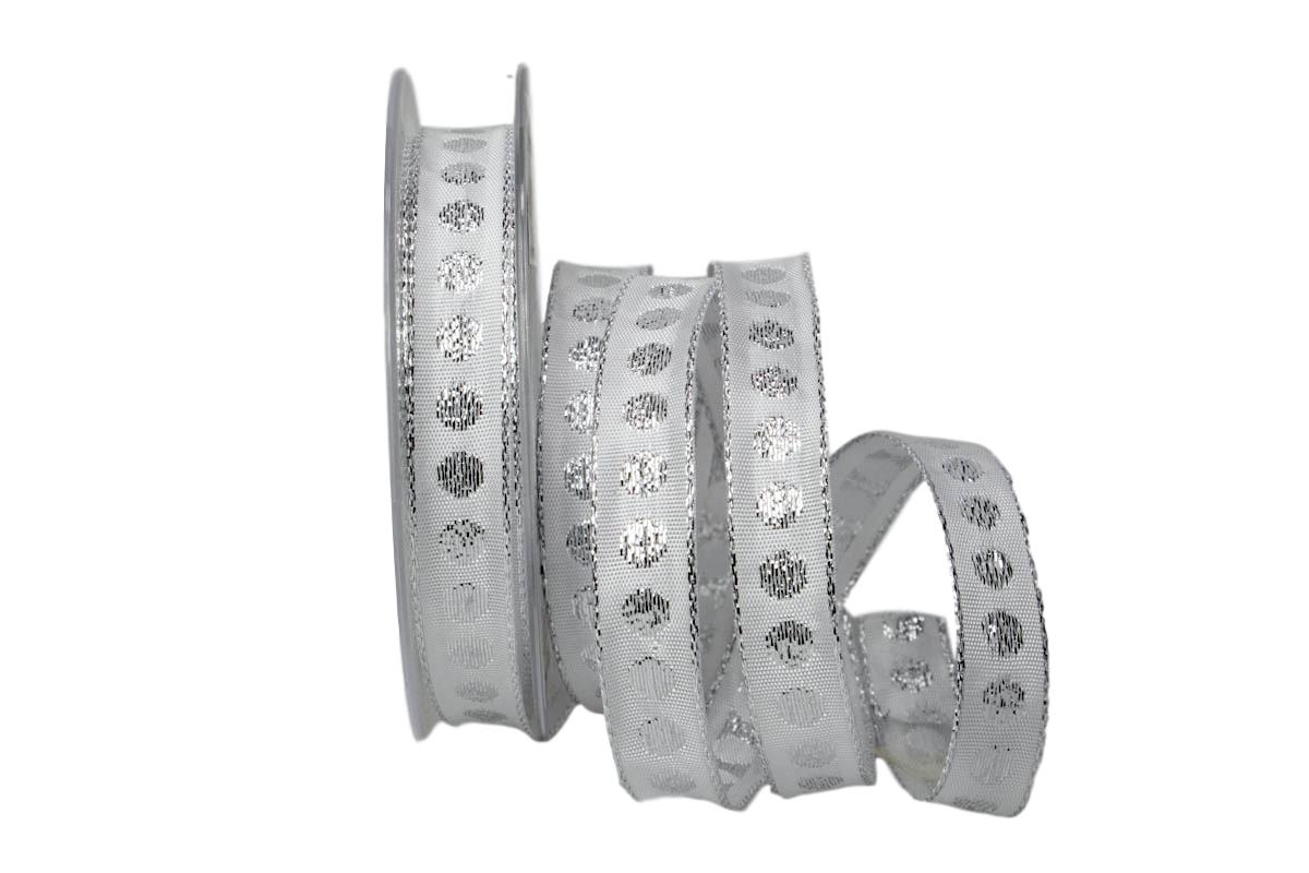 Weihnachtsband Silberpunkt Weiss mit Draht 15mm