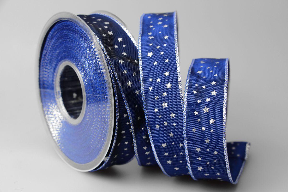 Weihnachtsband Sterne blau 25mm mit Draht